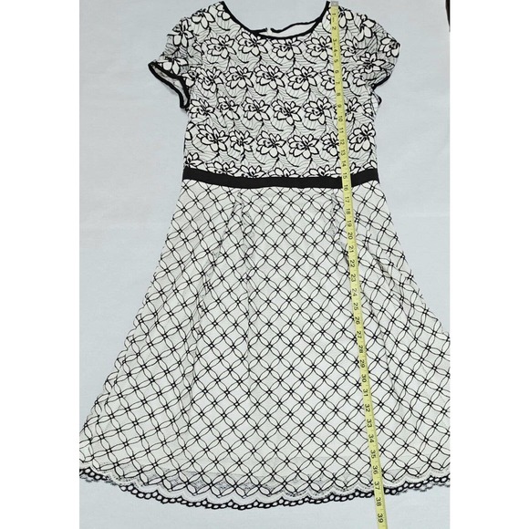 Adrianna‎ Papell A-line Dress Sz 6 Floral Lace Overlay Ivory Black Short Sleeve - Picture 7 of 13